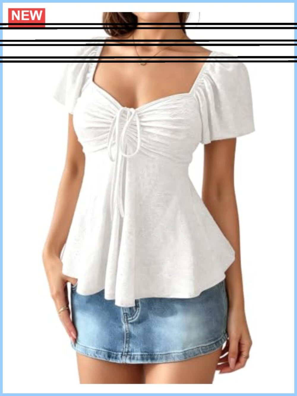 Eyelet Sweetheart Neck Tie Front Peplum Babydoll Blouse Ruffle Sleeve